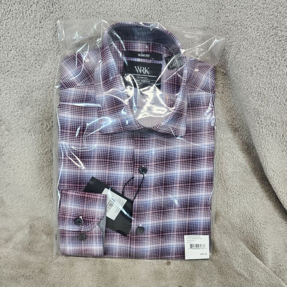 WRK Shirt Mens 15 Purple Plaid Long Sleeve Slim Fit Dress *NWT*